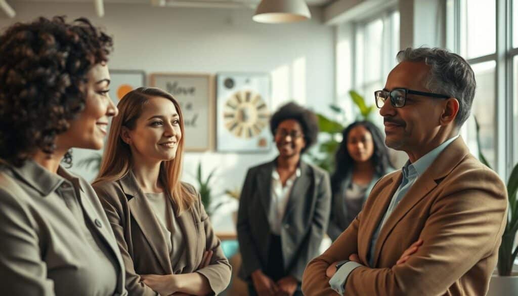 A serene office environment with a diverse team of professionals engaged in a collaborative discussion. In the foreground, two colleagues elegantly dressed in business attire display emotional intelligence; one is listening intently while the other shares insights with a calm demeanor. Their expressions convey empathy and understanding. In the middle ground, additional team members are observing, showing a mix of curiosity and support. The background features a bright, well-lit office filled with plants and motivational artwork, enhancing the uplifting atmosphere. The lighting is soft and warm, with natural light filtering through large windows, creating an inviting and peaceful mood. The shot is taken with a Sony A7R IV at 70mm, sharply focused on the subjects, with a polarized filter to enrich colors and reduce glare.