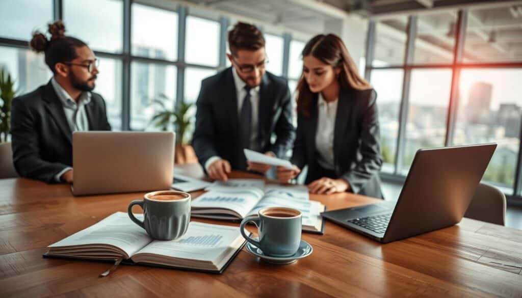 A serene office environment with a large wooden table in the foreground, featuring an open notebook, a laptop with graphs displayed, and a steaming cup of coffee. In the middle, a diverse group of three professionals, dressed in smart business attire, engaged in a focused discussion while analyzing charts and notes. The background showcases a brightly lit, modern office with large windows letting in natural light, offering a view of a cityscape. The atmosphere is collaborative and motivated, emphasizing critical thinking and problem-solving. The image is shot with a Sony A7R IV at 70mm, focusing sharply on the professionals while creating a soft blur in the background, enhanced by a polarized filter to reduce glare and enhance colors.