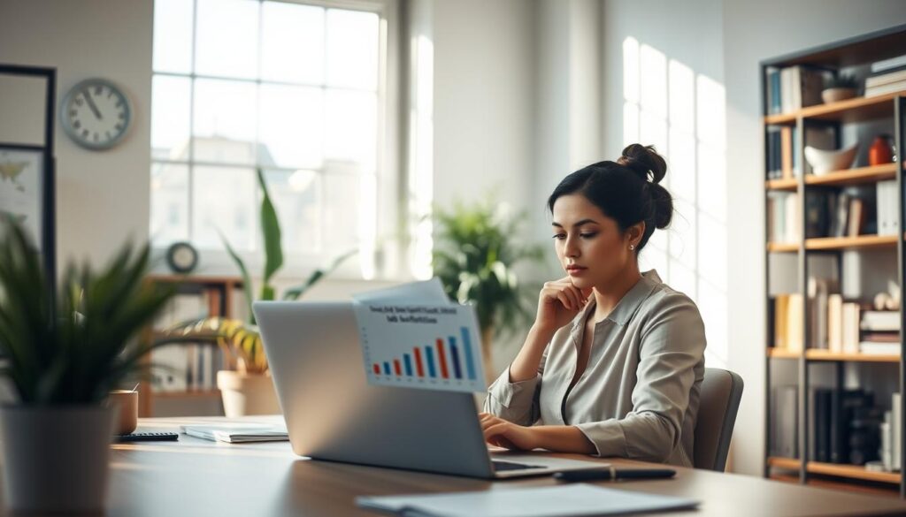 A serene office environment with a professional woman sitting at a desk, thoughtfully analyzing a chart displaying job satisfaction metrics. In the foreground, her focused expression conveys deep introspection as she reviews a laptop screen. The middle ground features a large window letting in soft, natural light, casting gentle shadows across the room. A potted plant adds a splash of greenery to the otherwise minimalist decor. In the background, shelves lined with books suggest a wealth of knowledge and insights. The overall mood is one of contemplation and clarity, capturing the essence of self-analysis. Shot on a Sony A7R IV with a 70mm lens, the image is sharply defined, with a polarized filter enhancing the light and colors, creating a calm and inspiring atmosphere. A serene office environment with a professional woman sitting at a desk, thoughtfully analyzing a chart displaying job satisfaction metrics. In the foreground, her focused expression conveys deep introspection as she reviews a laptop screen. The middle ground features a large window letting in soft, natural light, casting gentle shadows across the room. A potted plant adds a splash of greenery to the otherwise minimalist decor. In the background, shelves lined with books suggest a wealth of knowledge and insights. The overall mood is one of contemplation and clarity, capturing the essence of self-analysis. Shot on a Sony A7R IV with a 70mm lens, the image is sharply defined, with a polarized filter enhancing the light and colors, creating a calm and inspiring atmosphere.