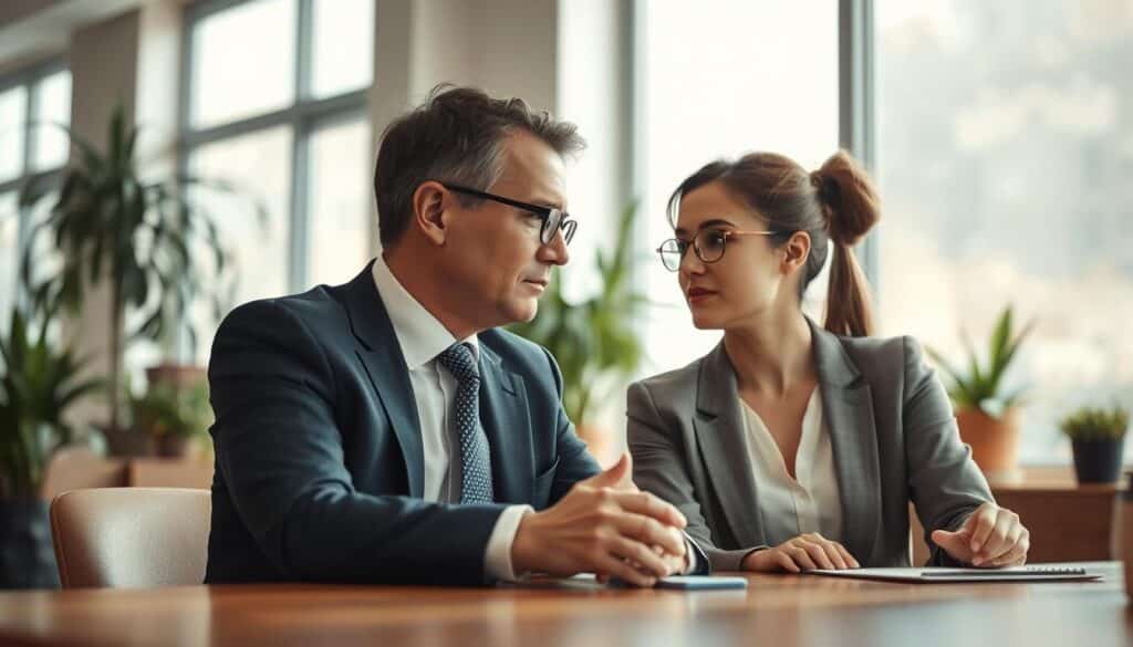 A serene office setting capturing a personal conversation about job resignation, emphasizing mutual respect and appreciation. In the foreground, a middle-aged male manager in smart business attire, with a thoughtful expression, leans forward slightly, listening intently to a young female employee in professional business attire. Both are seated at a polished wooden table, surrounded by potted plants and soft natural light filtering through large windows in the background. The atmosphere is calm and supportive, symbolizing the importance of face-to-face communication in difficult situations. Shot on a Sony A7R IV at 70mm, focused sharply, with a polarized filter enhancing the clarity and colors of the scene, conveying a sense of warmth and professionalism.