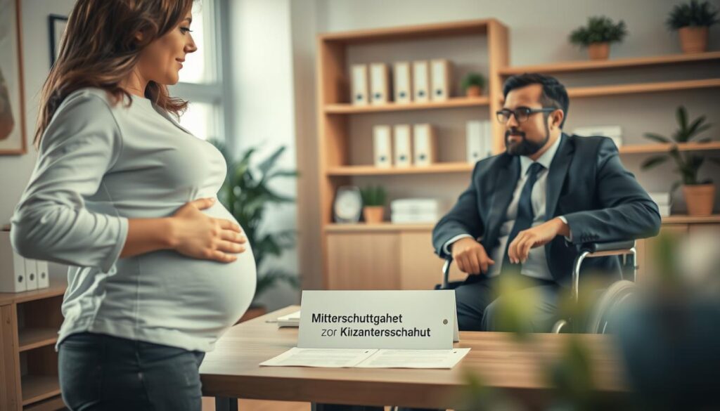 A serene office setting depicting a pregnant woman and a person with a disability engaged in a conversation about their rights. The foreground features the woman, dressed in smart casual attire, with her hand resting on her belly, expressing a sense of calm yet determination. Beside her, a man in a wheelchair, professionally dressed, is attentively listening, showcasing support. In the middle ground, a desk with documents symbolizing Mutterschutzgesetz and Kündigungsschutz lies between them, softly illuminated by warm, natural light filtering through a nearby window. The background reveals shelves with legal books and calming plant decor. The setting conveys a mood of empowerment and solidarity. Shot on a Sony A7R IV 70mm lens, the image is clearly focused and sharply defined, enhancing the professional atmosphere with a polarized filter.
