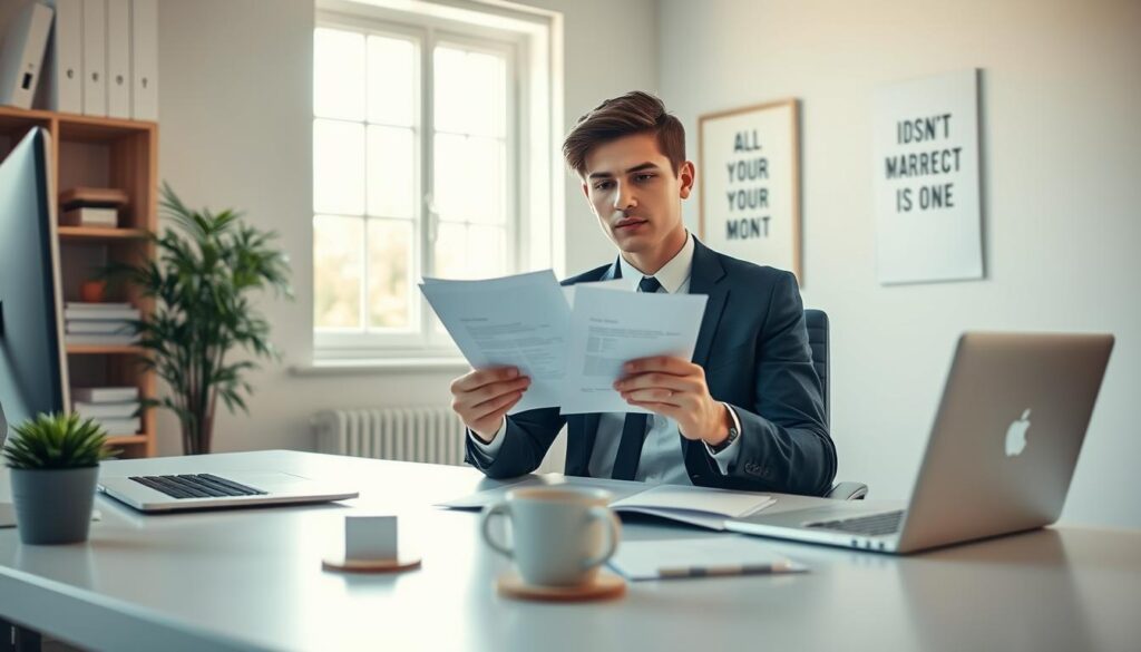 A serene office setting depicting a young professional seated at a desk, dressed in smart attire, reviewing a stack of rejection letters with a contemplative expression. The foreground features a neatly organized desk with a laptop, a cup of coffee, and a potted plant. In the middle ground, large windows allow soft, natural light to flood the room, creating a bright and hopeful atmosphere. The background shows a motivational poster on the wall, symbolizing resilience and determination. The image is captured with a Sony A7R IV at 70mm, ensuring sharp focus and clear details, enhanced by a polarized filter to reduce glare. The overall mood is one of reflection and empowerment, illustrating the concept of coping with job rejections. A serene office setting depicting a young professional seated at a desk, dressed in smart attire, reviewing a stack of rejection letters with a contemplative expression. The foreground features a neatly organized desk with a laptop, a cup of coffee, and a potted plant. In the middle ground, large windows allow soft, natural light to flood the room, creating a bright and hopeful atmosphere. The background shows a motivational poster on the wall, symbolizing resilience and determination. The image is captured with a Sony A7R IV at 70mm, ensuring sharp focus and clear details, enhanced by a polarized filter to reduce glare. The overall mood is one of reflection and empowerment, illustrating the concept of coping with job rejections.