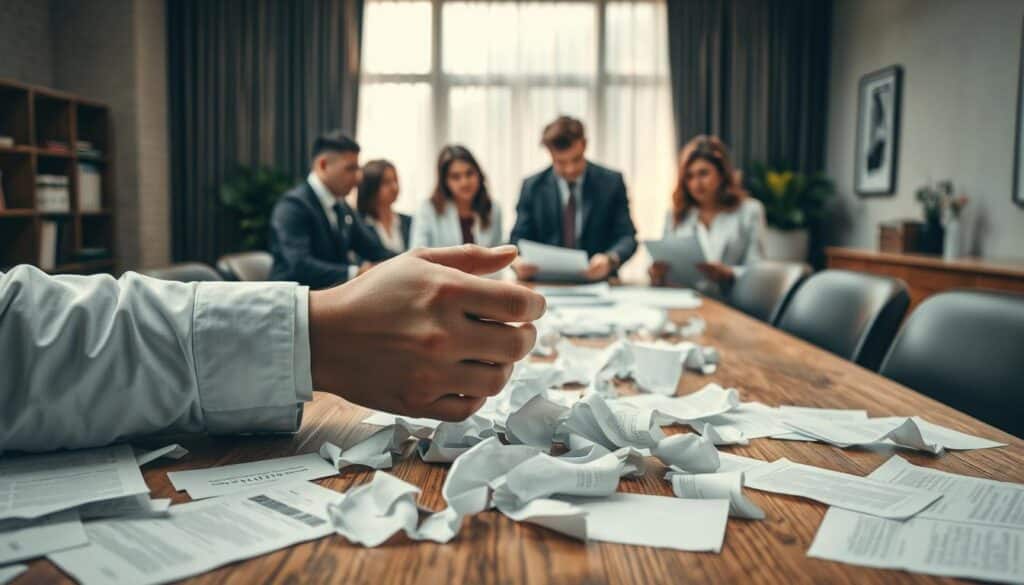A serene office setting, featuring a large wooden table strewn with partially crumpled legal documents, symbolizing the nullity of contracts. In the foreground, a pair of clasped hands, dressed in professional business attire, suggests contemplation and concern over the implications of legal nullity. The middle ground showcases a diverse group of professionals engaged in a serious discussion, examining a contract with puzzled expressions. The background features a large window with soft natural light filtering through, casting a warm glow over the room. The atmosphere is one of thoughtful deliberation, emphasizing the impact of legal nullity on agreements. Shot on a Sony A7R IV at 70mm, the image is sharply defined with a polarized filter, highlighting the contrasts between light and shadow. A serene office setting, featuring a large wooden table strewn with partially crumpled legal documents, symbolizing the nullity of contracts. In the foreground, a pair of clasped hands, dressed in professional business attire, suggests contemplation and concern over the implications of legal nullity. The middle ground showcases a diverse group of professionals engaged in a serious discussion, examining a contract with puzzled expressions. The background features a large window with soft natural light filtering through, casting a warm glow over the room. The atmosphere is one of thoughtful deliberation, emphasizing the impact of legal nullity on agreements. Shot on a Sony A7R IV at 70mm, the image is sharply defined with a polarized filter, highlighting the contrasts between light and shadow.