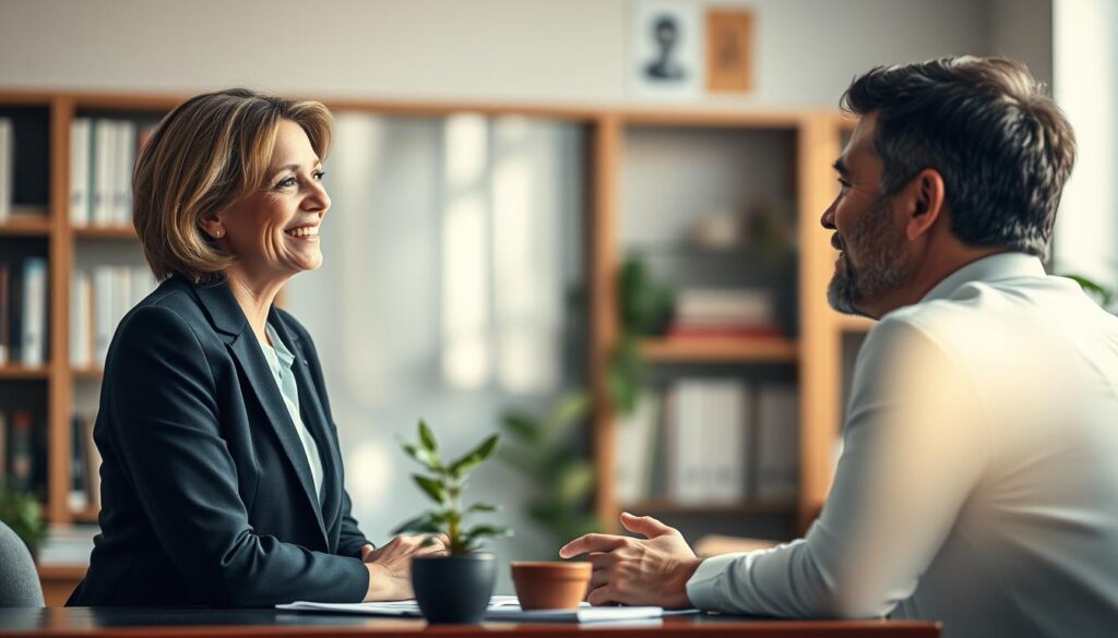 A serene office setting filled with natural light, focusing on two professionals engaged in an empathic conversation. In the foreground, a middle-aged woman in business attire leans slightly forward, her expression attentive and warm, while the middle-aged man opposite her nods in understanding, his demeanor open and relaxed. On the desk between them, a small plant adds a touch of life, symbolizing growth and connection. In the background, soft blurred outlines of shelves filled with books create a sense of depth and professionalism. The lighting creates a soft, inviting glow, and the image is captured with a Sony A7R IV at 70mm, ensuring sharp focus and clarity with a polarized filter to enhance color richness. The atmosphere conveys trust, empathy, and collaboration in conflict resolution.