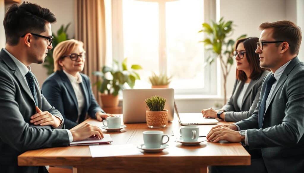 A serene office setting where a diverse group of three professionals, dressed in smart business attire, engage in a constructive feedback session. In the foreground, one individual gestures thoughtfully while discussing ideas, with a notepad in front of them, highlighting the rules of providing constructive criticism. Their expressions are focused and approachable, embodying openness and receptiveness. In the middle of the scene, a stylish oak table holds a laptop, coffee cups, and a potted plant, creating an inviting atmosphere. In the background, a large window allows soft, natural light to filter in, enhancing the warm, collaborative mood. The image is shot on a Sony A7R IV with a 70mm lens, ensuring clear focus and sharp details, with a polarized filter to reduce glare.