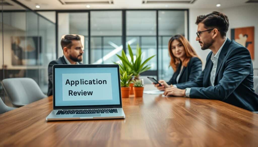 A serene office setting with a polished wooden table as the foreground, showcasing a laptop open to a document titled "Application Review." Two diverse professionals in business attire, one male and one female, are seated at the table, engaged in a collaborative discussion. In the middle, natural light filters through a large window, casting soft shadows and illuminating a few potted plants that add a touch of greenery to the scene. The background features a modern office environment with glass partitions and abstract art on the walls, enhancing the sense of transparency. Shot with a Sony A7R IV at 70mm, the image is sharply focused, using a polarized filter for clarity, evoking a feeling of trust and professionalism in the application process. A serene office setting with a polished wooden table as the foreground, showcasing a laptop open to a document titled "Application Review." Two diverse professionals in business attire, one male and one female, are seated at the table, engaged in a collaborative discussion. In the middle, natural light filters through a large window, casting soft shadows and illuminating a few potted plants that add a touch of greenery to the scene. The background features a modern office environment with glass partitions and abstract art on the walls, enhancing the sense of transparency. Shot with a Sony A7R IV at 70mm, the image is sharply focused, using a polarized filter for clarity, evoking a feeling of trust and professionalism in the application process.