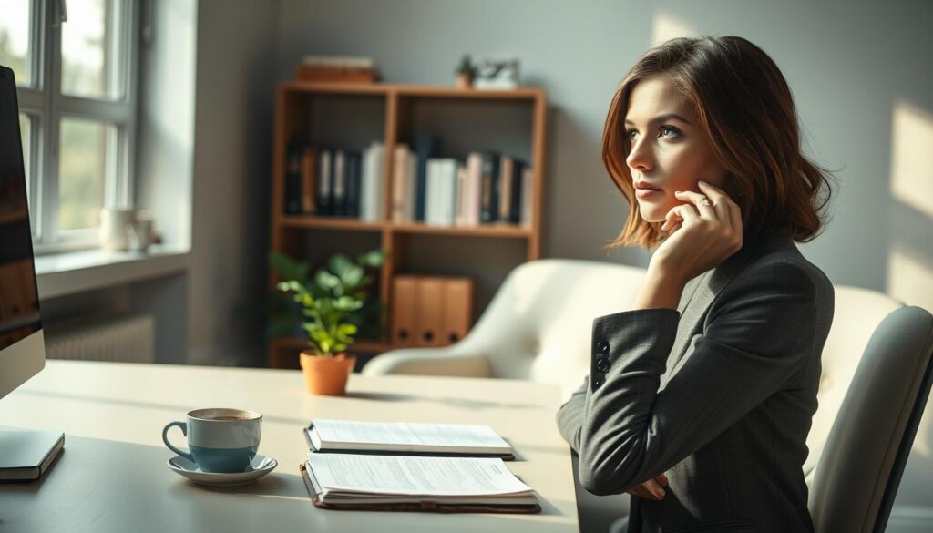 A serene office space featuring a thoughtful professional woman in smart business attire, sitting at a desk, reflecting on her recent job change with a contemplative expression. The foreground shows her poised hands resting on the desk, surrounded by personal items like a journal and a steaming cup of tea, symbolizing self-reflection. In the middle ground, a softly blurred bookshelf filled with motivational books and a small indoor plant create a tranquil environment. The background includes a large window with gentle, natural lighting pouring in, casting soft shadows and creating an inviting atmosphere. Shot with a Sony A7R IV at 70mm, the image is sharply defined, showcasing the mood of calmness and introspection. A serene office space featuring a thoughtful professional woman in smart business attire, sitting at a desk, reflecting on her recent job change with a contemplative expression. The foreground shows her poised hands resting on the desk, surrounded by personal items like a journal and a steaming cup of tea, symbolizing self-reflection. In the middle ground, a softly blurred bookshelf filled with motivational books and a small indoor plant create a tranquil environment. The background includes a large window with gentle, natural lighting pouring in, casting soft shadows and creating an inviting atmosphere. Shot with a Sony A7R IV at 70mm, the image is sharply defined, showcasing the mood of calmness and introspection.