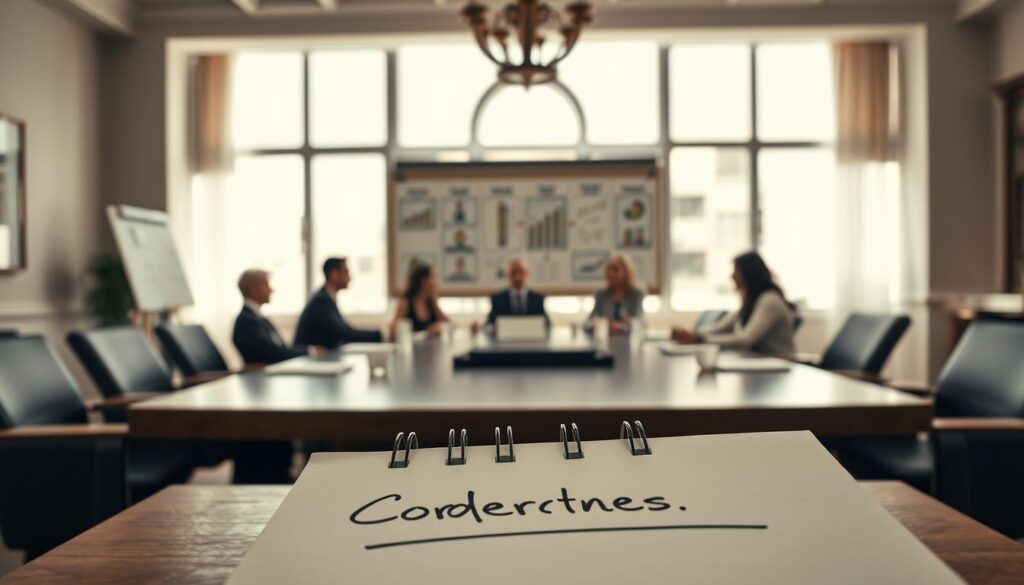 A serene office space with a large conference table at the center, surrounded by professionals in business attire, engaged in a discussion. In the foreground, a detailed close-up of a notepad with neutral corporate goals written down. The middle ground features a whiteboard filled with diagrams illustrating different business objectives, while an elegant window in the background lets in soft natural light, creating a calm atmosphere. The scene is shot on a Sony A7R IV at 70mm, with clear focus and sharply defined edges, using a polarized filter to enhance the clarity. The mood is neutral and contemplative, reflecting the concept of indifferent goals in corporate strategy, highlighting the importance of balance and neutrality in goal pursuit.