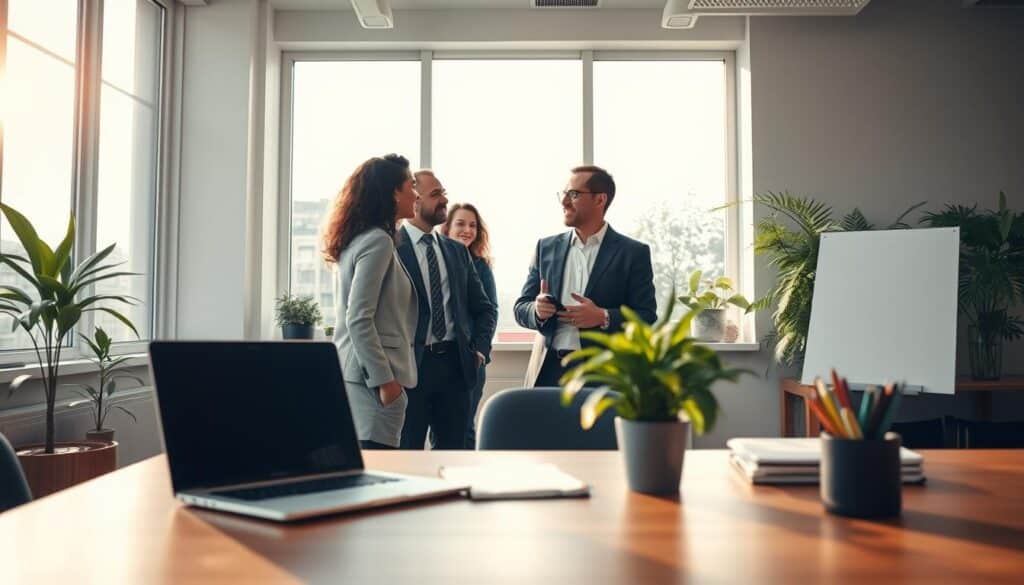A serene office workspace illustrating the concept of job satisfaction. In the foreground, a neatly organized desk with a laptop, notepad, and a vibrant plant, symbolizing productivity and positivity. In the middle, a diverse group of three professionals in business attire engaged in a lively discussion, showcasing teamwork and collaboration. The background features large windows with natural light streaming in, illuminating the space and creating an inviting atmosphere. Soft, warm lighting enhances the mood, emphasizing a sense of fulfillment and contentment. The image is shot on a Sony A7R IV at 70mm, clearly focused and sharply defined, with a polarized filter to enhance colors and reduce glare.