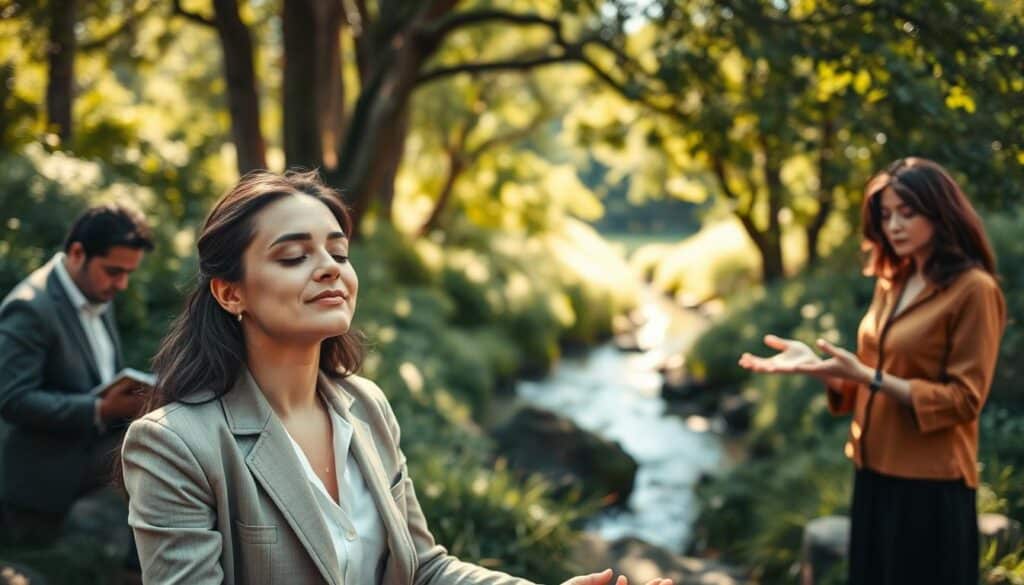 A serene outdoor scene depicting a diverse group of three individuals engaged in a focused training session on intuition enhancement. In the foreground, a woman in professional attire is meditating, surrounded by nature, with her eyes closed and a peaceful expression. To the left, a man is taking notes, reflecting a thoughtful demeanor, while to the right, another woman, dressed casually yet modestly, is demonstrating a hands-on intuitive exercise, connecting with the environment. The middle ground features lush greenery and soft sunlight filtering through trees, creating dappled light patterns. In the background, a gentle stream flows, enhancing the tranquil atmosphere. The image is shot with a Sony A7R IV at 70mm, ensuring sharp focus and clear definition, with a polarized filter to enhance colors and reduce glare, evoking a calm, inspiring mood. A serene outdoor scene depicting a diverse group of three individuals engaged in a focused training session on intuition enhancement. In the foreground, a woman in professional attire is meditating, surrounded by nature, with her eyes closed and a peaceful expression. To the left, a man is taking notes, reflecting a thoughtful demeanor, while to the right, another woman, dressed casually yet modestly, is demonstrating a hands-on intuitive exercise, connecting with the environment. The middle ground features lush greenery and soft sunlight filtering through trees, creating dappled light patterns. In the background, a gentle stream flows, enhancing the tranquil atmosphere. The image is shot with a Sony A7R IV at 70mm, ensuring sharp focus and clear definition, with a polarized filter to enhance colors and reduce glare, evoking a calm, inspiring mood.