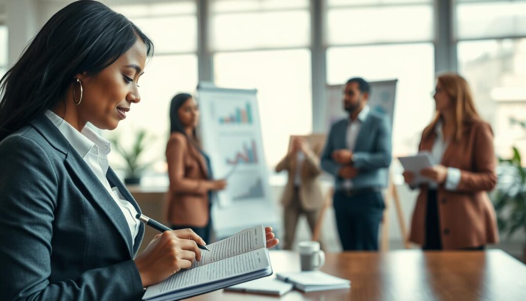 A serene, professional office environment depicting a diverse group of individuals engaged in self-management and motivation activities. In the foreground, a focused woman in business attire, actively writing in a planner, symbolizing organization and goal-setting. In the middle ground, a man leading a small discussion group, displaying active engagement and motivational skills, with charts and graphs on a whiteboard behind him. The background features a bright window with natural light illuminating the scene, creating a positive atmosphere. Use a soft-focus on the background to emphasize the main subjects. The image is shot on a Sony A7R IV with a 70mm lens, clearly focused and sharply defined, enhanced with a polarized filter for a vibrant yet professional ambiance. A serene, professional office environment depicting a diverse group of individuals engaged in self-management and motivation activities. In the foreground, a focused woman in business attire, actively writing in a planner, symbolizing organization and goal-setting. In the middle ground, a man leading a small discussion group, displaying active engagement and motivational skills, with charts and graphs on a whiteboard behind him. The background features a bright window with natural light illuminating the scene, creating a positive atmosphere. Use a soft-focus on the background to emphasize the main subjects. The image is shot on a Sony A7R IV with a 70mm lens, clearly focused and sharply defined, enhanced with a polarized filter for a vibrant yet professional ambiance.