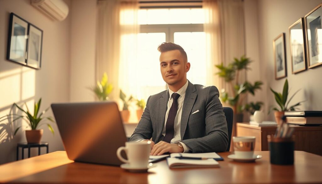 A serene professional office setting featuring a confident individual in business attire, sitting at a desk with a thoughtful expression. The foreground shows a neatly arranged workspace with a laptop, a notebook, and a cup of coffee. In the middle ground, a large window allows soft, warm sunlight to stream in, highlighting the individual and creating a welcoming atmosphere. The background includes potted plants and tasteful artwork on the walls, enhancing the feeling of a supportive work environment. The overall mood is one of empowerment and reflection, symbolizing that resigning from a job can be a positive step. Shot on Sony A7R IV 70mm, clearly focused, sharply defined, with a polarized filter to enrich colors and reduce glare.