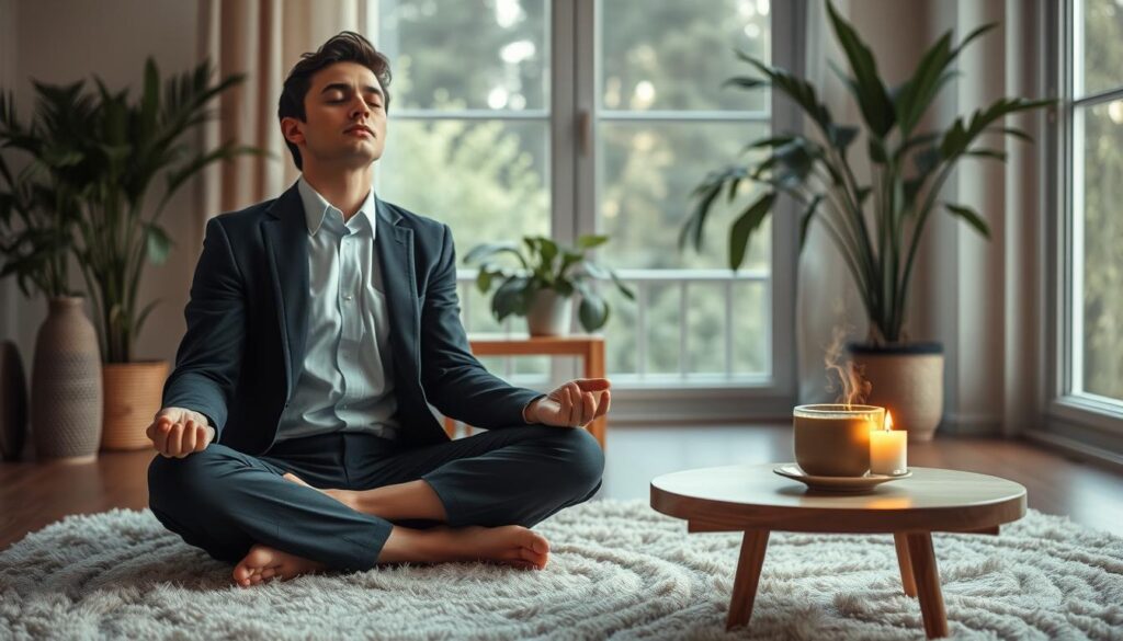 A serene scene depicting a peaceful indoor space designed for stress reduction. In the foreground, a person dressed in professional business attire sits cross-legged on a soft, plush rug, eyes closed in a meditative pose. The middle ground features a simple wooden coffee table with a steaming cup of herbal tea and a flickering candle, casting warm light. In the background, a large window lets in gentle natural light, with plants softly framing the scene, creating a nurturing atmosphere. The overall mood is calm and tranquil, encouraging relaxation and introspection. Shot on a Sony A7R IV at 70mm, with a sharply defined focus and polarized filter to enhance the colors and detail of the setting. A serene scene depicting a peaceful indoor space designed for stress reduction. In the foreground, a person dressed in professional business attire sits cross-legged on a soft, plush rug, eyes closed in a meditative pose. The middle ground features a simple wooden coffee table with a steaming cup of herbal tea and a flickering candle, casting warm light. In the background, a large window lets in gentle natural light, with plants softly framing the scene, creating a nurturing atmosphere. The overall mood is calm and tranquil, encouraging relaxation and introspection. Shot on a Sony A7R IV at 70mm, with a sharply defined focus and polarized filter to enhance the colors and detail of the setting.