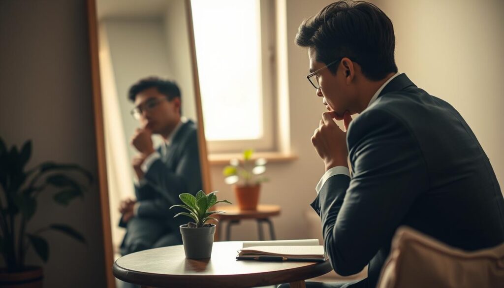 A serene scene depicting a person engaged in self-reflection within a cozy, minimalistic room. In the foreground, a thoughtfully posed individual dressed in professional business attire gazes into a large mirror, deep in contemplation. Soft, diffused lighting illuminates their face, creating a tranquil atmosphere. A small wooden table holds a journal and pen, suggesting a recent moment of introspection. In the middle ground, a potted plant adds a touch of nature, symbolizing growth and renewal. The background features a softly blurred window with gentle sunlight streaming in, enhancing the calm mood. The image is shot with a Sony A7R IV at 70mm, ensuring a beautifully focused and defined composition, using a polarized filter to enrich the colors and clarity. A serene scene depicting a person engaged in self-reflection within a cozy, minimalistic room. In the foreground, a thoughtfully posed individual dressed in professional business attire gazes into a large mirror, deep in contemplation. Soft, diffused lighting illuminates their face, creating a tranquil atmosphere. A small wooden table holds a journal and pen, suggesting a recent moment of introspection. In the middle ground, a potted plant adds a touch of nature, symbolizing growth and renewal. The background features a softly blurred window with gentle sunlight streaming in, enhancing the calm mood. The image is shot with a Sony A7R IV at 70mm, ensuring a beautifully focused and defined composition, using a polarized filter to enrich the colors and clarity.