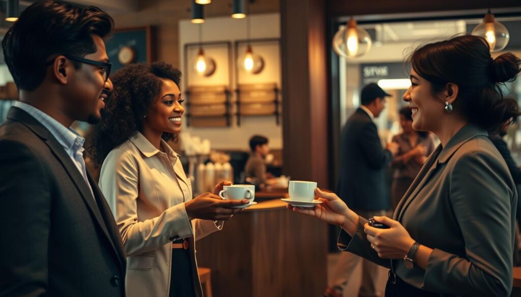 A serene scene illustrating the basics of politeness in everyday life. In the foreground, a diverse group of three individuals are engaged in a friendly conversation; one is gently handing a cup of tea to another, all wearing professional business attire that conveys respect and warmth. In the middle ground, a coffee shop ambiance with soft lighting creates a welcoming atmosphere. On one side, a barista is smiling while serving patrons, symbolizing service and courtesy. In the background, window views show passersby engaged in polite interactions, like helping each other with directions. The image is shot on a Sony A7R IV at 70mm, with a polarized filter that enhances the vibrant colors and sharp details, resulting in a positive, inviting mood.