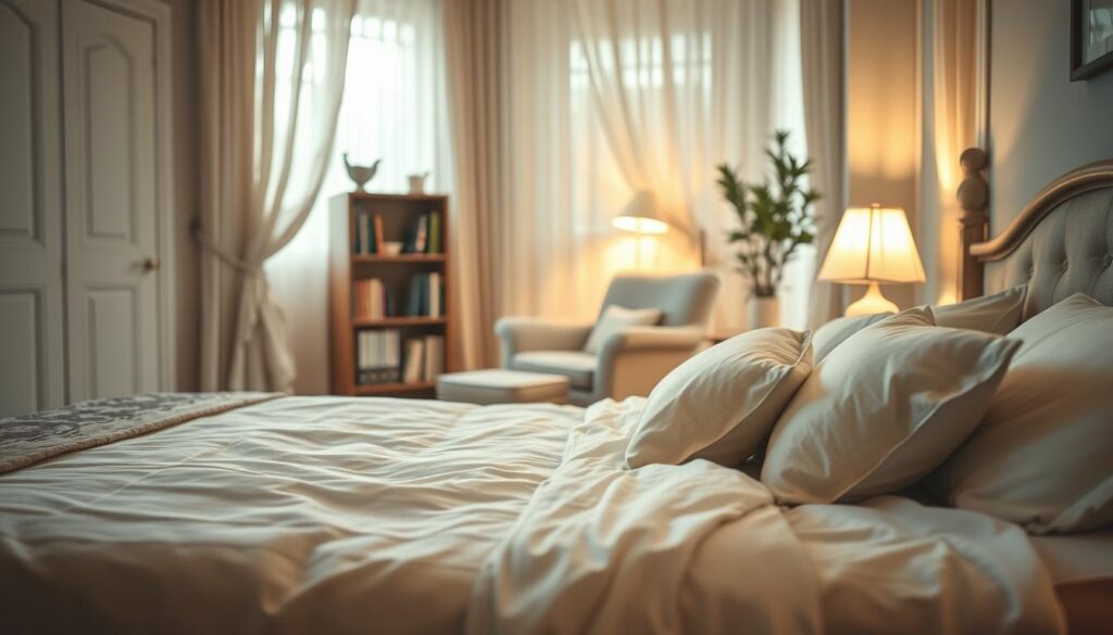 A serene, tranquil bedroom scene depicting the importance of sleep for concentration. In the foreground, a neatly made bed with soft, inviting pillows and a light blanket, creating a sense of comfort. In the middle, a cozy reading nook with a comfortable armchair, a small bookshelf filled with books, and a gentle glow from a bedside lamp, symbolizing relaxation and focus. In the background, softly illuminated curtains fluttering slightly in a gentle breeze, letting in natural morning light that fills the room. The atmosphere is peaceful and calming, with a color palette of soft pastels. Shot on a Sony A7R IV with a 70mm lens, ensuring sharp focus and clarity. The mood is one of relaxation and quiet reflection, emphasizing the link between restful sleep and enhanced concentration.