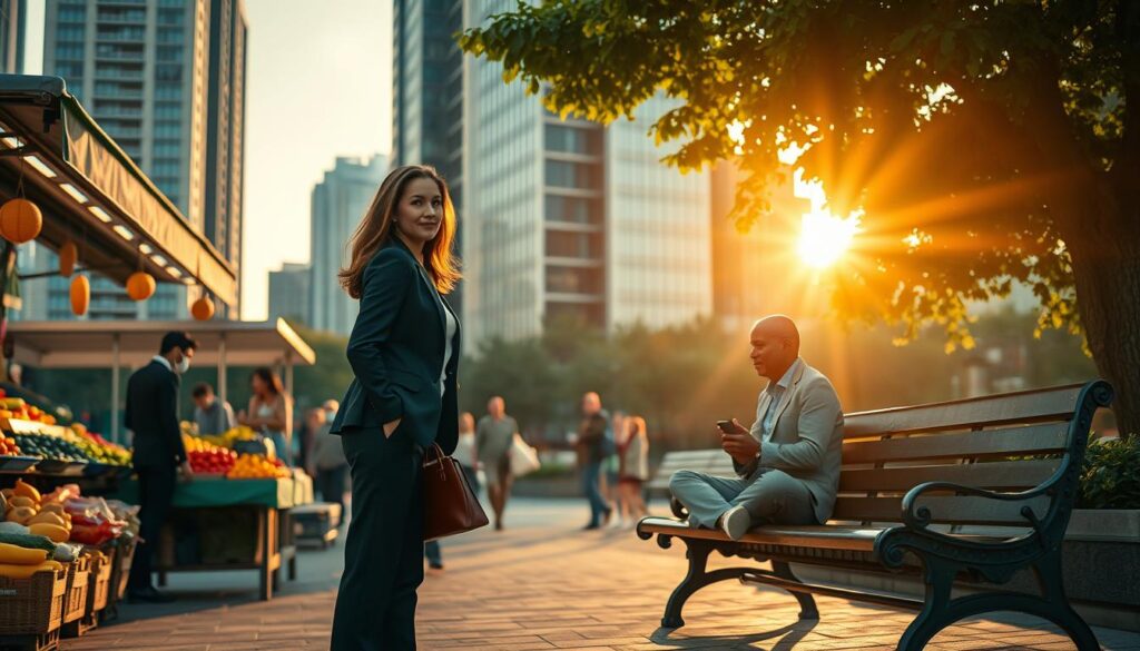 A serene urban scene depicting a diverse group of individuals engaged in various daily activities that showcase a change in perspective. In the foreground, a young professional woman in smart business attire is standing on her tiptoes, peering into a bustling market stall filled with vibrant fruits and vegetables, her expression one of wonder. In the middle ground, a middle-aged man is sitting cross-legged on a park bench, observing a street performer doing a unique dance routine. The background features tall, modern buildings bathed in soft, warm sunlight during the golden hour, with gentle shadows highlighting the textures of the structures. The atmosphere is uplifting and inspiring, evoking a sense of curiosity and openness to new experiences. Shot on a Sony A7R IV at 70mm, with a polarized filter for clarity and vibrant color saturation. A serene urban scene depicting a diverse group of individuals engaged in various daily activities that showcase a change in perspective. In the foreground, a young professional woman in smart business attire is standing on her tiptoes, peering into a bustling market stall filled with vibrant fruits and vegetables, her expression one of wonder. In the middle ground, a middle-aged man is sitting cross-legged on a park bench, observing a street performer doing a unique dance routine. The background features tall, modern buildings bathed in soft, warm sunlight during the golden hour, with gentle shadows highlighting the textures of the structures. The atmosphere is uplifting and inspiring, evoking a sense of curiosity and openness to new experiences. Shot on a Sony A7R IV at 70mm, with a polarized filter for clarity and vibrant color saturation.