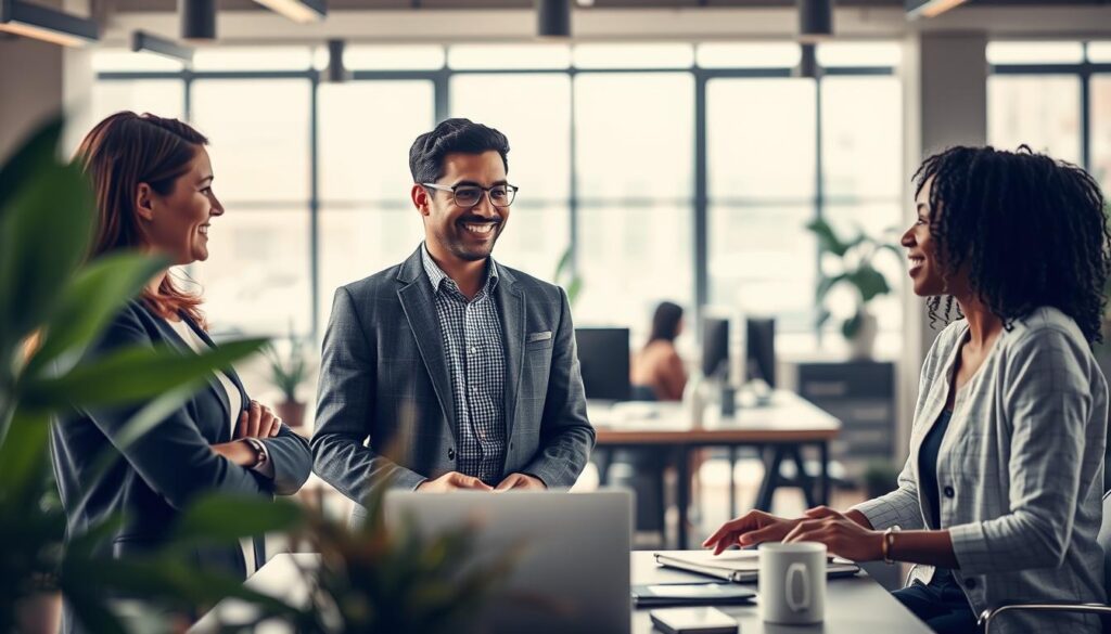 A serene workplace setting illustrating the concept of emotional intelligence. In the foreground, a diverse group of three professionals—a Caucasian woman, an Asian man, and a Black woman—are engaged in a collaborative discussion, their expressions reflecting empathy and understanding. The middle ground features modern office elements like plants and open desks, promoting a friendly atmosphere. In the background, large windows let in soft, natural light, creating a warm, inviting environment. The image is shot with a Sony A7R IV at 70mm, ensuring sharp details and a well-defined focus on the subjects. The overall mood is uplifting and inspiring, highlighting the importance of emotional intelligence in exemplary workplace behavior, with a polished and professional aesthetic throughout.