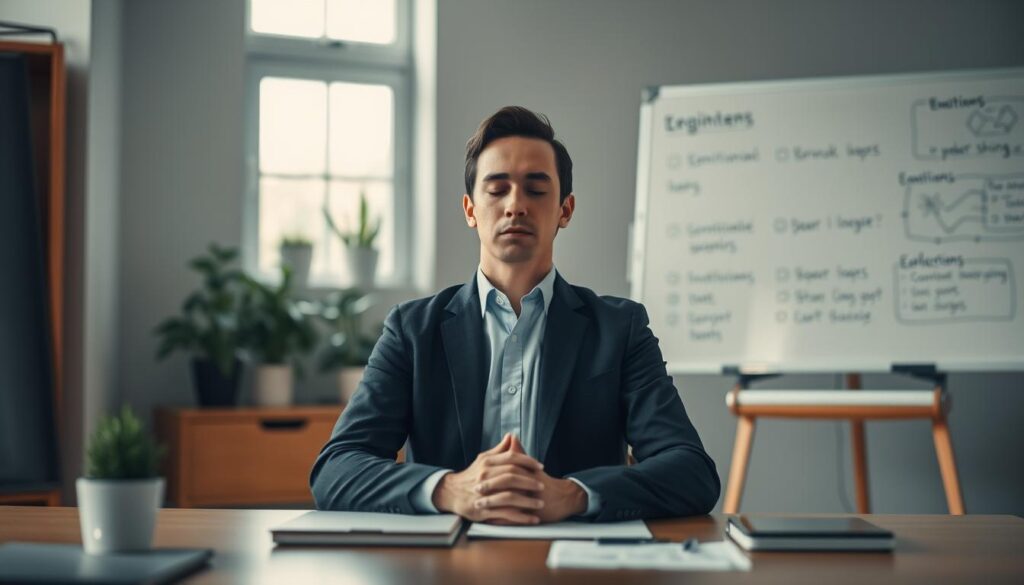 A serene workspace depicting emotional regulation in a professional setting. In the foreground, a calmly composed individual sitting at a desk, dressed in business attire, practicing deep breathing or mindfulness. The middle ground shows a few plants and a small window letting in soft natural light, creating a peaceful atmosphere. In the background, a whiteboard with abstract diagrams illustrating emotional strategies and concepts, lightly blurred to keep focus on the individual. The image is shot with a Sony A7R IV at 70mm, ensuring clear focus and sharp definition. The scene is illuminated with warm, soft lighting, enhancing a sense of calm and introspection, evoking a mood of tranquility and focus.