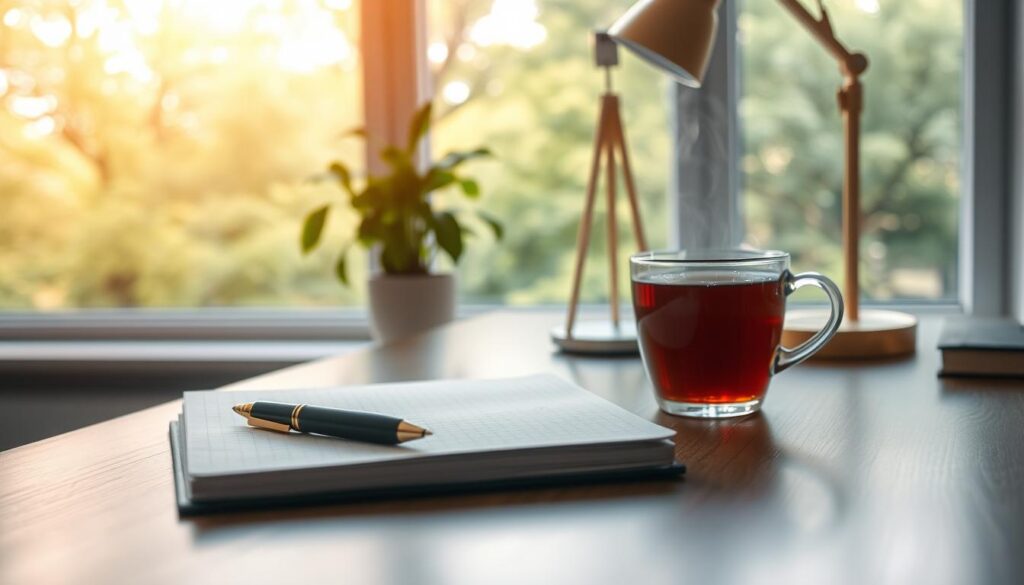 A serene workspace designed for enhancing concentration. In the foreground, a sleek, modern desk with a neatly organized notebook, a high-end pen, and a steaming cup of herbal tea, reflecting focus and clarity. In the middle ground, a potted plant and a minimalist lamp provide a soothing ambiance. The background features a large window with soft natural light streaming in, highlighting the peaceful outdoor scenery of green trees. The overall composition is shot with a Sony A7R IV at 70mm, with clear focus and sharp definition, using a polarized filter to enhance colors. The mood is calm and inspiring, inviting a sense of productivity and tranquility, emphasizing effective techniques for concentration enhancement.