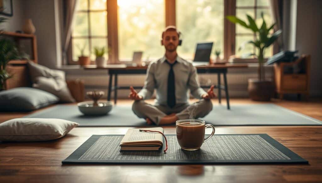 A serene workspace designed for stress relief and improved concentration. In the foreground, a focused individual in professional attire is practicing mindfulness, sitting cross-legged on a yoga mat, surrounded by calming elements like soft cushions and a small indoor water fountain gently bubbling. In the middle, a desk is neatly organized, showcasing a journal, a plant, and a steaming cup of herbal tea, symbolizing focus and relaxation. The background features a large window letting in warm, natural light, with greenery softly blurred outside, creating a peaceful atmosphere. Shot on a Sony A7R IV at 70mm, the scene is clearly focused with sharp definitions and a polarized filter enhancing the tranquil colors, evoking a mood of calmness and concentration.