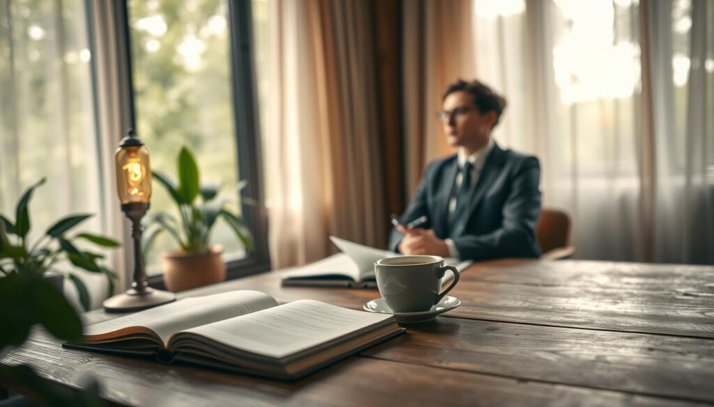 A serene workspace featuring a wooden table in the foreground, adorned with a glowing lamp, an open notebook, and a steaming cup of tea, reflecting the concept of intuition. The middle ground showcases a thoughtful person, dressed in professional business attire, gazing thoughtfully out of a large window, surrounded by lush greenery. In the background, soft, diffused daylight filters through sheer curtains, creating a calm and inviting atmosphere. The overall mood conveys clarity and contemplation, emphasizing the essence of understanding intuition. Shot with a Sony A7R IV 70mm lens, the image is sharply defined with a polarized filter, highlighting the details and textures of the scene. A serene workspace featuring a wooden table in the foreground, adorned with a glowing lamp, an open notebook, and a steaming cup of tea, reflecting the concept of intuition. The middle ground showcases a thoughtful person, dressed in professional business attire, gazing thoughtfully out of a large window, surrounded by lush greenery. In the background, soft, diffused daylight filters through sheer curtains, creating a calm and inviting atmosphere. The overall mood conveys clarity and contemplation, emphasizing the essence of understanding intuition. Shot with a Sony A7R IV 70mm lens, the image is sharply defined with a polarized filter, highlighting the details and textures of the scene.