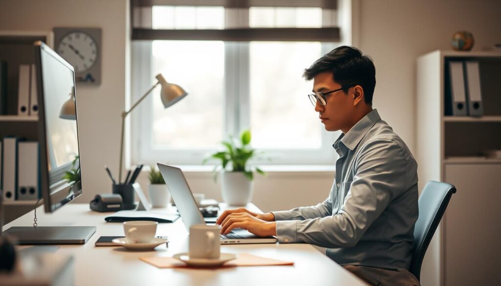 A serene workspace scene featuring a focused individual seated at a clean desk, surrounded by minimalistic decor. The foreground showcases the person, a professional in smart casual attire, deeply engrossed in a single task—typing on a laptop with an expression of concentration. In the middle ground, there are neatly arranged office supplies, a potted plant, and a coffee cup, symbolizing a peaceful environment conducive to focus. The background displays a softly blurred window with natural light streaming in, illuminating the workspace and enhancing the calm atmosphere. The image is captured with a Sony A7R IV at 70mm, showcasing sharp details with a polarized filter to reduce glare, conveying a mood of tranquility and productivity.