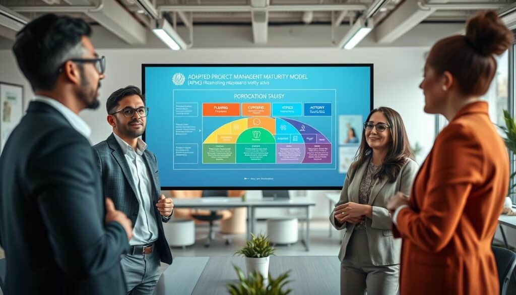 A sleek and modern office environment serves as the backdrop, highlighting an Adapted Project Management Maturity Model (APM3) visually represented on a large interactive digital display. In the foreground, a diverse group of four professionals—two men and two women—are engaged in a dynamic discussion, all dressed in professional business attire. The middle ground features the digital model diagram with clear stages of maturity, each represented with vibrant colors and icons, showcasing concepts like planning, execution, and optimization. The background includes hints of a well-organized workspace with subtle motivational posters and greenery, enhancing the atmosphere of collaboration and success. Soft, natural lighting floods the scene to create an inviting and inspiring mood. Shot on a Sony A7R IV at 70mm, the image is sharply defined and clearly focused, enhanced with a polarized filter to enrich colors and contrasts. A sleek and modern office environment serves as the backdrop, highlighting an Adapted Project Management Maturity Model (APM3) visually represented on a large interactive digital display. In the foreground, a diverse group of four professionals—two men and two women—are engaged in a dynamic discussion, all dressed in professional business attire. The middle ground features the digital model diagram with clear stages of maturity, each represented with vibrant colors and icons, showcasing concepts like planning, execution, and optimization. The background includes hints of a well-organized workspace with subtle motivational posters and greenery, enhancing the atmosphere of collaboration and success. Soft, natural lighting floods the scene to create an inviting and inspiring mood. Shot on a Sony A7R IV at 70mm, the image is sharply defined and clearly focused, enhanced with a polarized filter to enrich colors and contrasts.