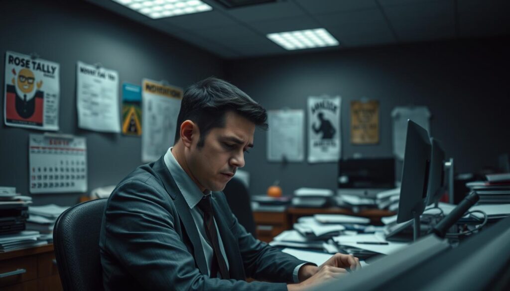 A solemn office environment where a visibly fatigued employee sits at a cluttered desk, surrounded by papers and a computer, reflecting the theme of presenteeism. In the foreground, focus on the employee, dressed in professional business attire, with a tired expression, slightly hunched over, indicating strain. In the middle ground, a calendar on the wall marks busy workdays, while motivational posters contrast with the employee's state of mind. The background features dim lighting, with soft overhead lights creating a moody atmosphere that emphasizes the weight of illness while working. Shot on a Sony A7R IV at 70mm, showcasing sharp details and clear focus, with a polarized filter enhancing the visual clarity and depth of field. A solemn office environment where a visibly fatigued employee sits at a cluttered desk, surrounded by papers and a computer, reflecting the theme of presenteeism. In the foreground, focus on the employee, dressed in professional business attire, with a tired expression, slightly hunched over, indicating strain. In the middle ground, a calendar on the wall marks busy workdays, while motivational posters contrast with the employee's state of mind. The background features dim lighting, with soft overhead lights creating a moody atmosphere that emphasizes the weight of illness while working. Shot on a Sony A7R IV at 70mm, showcasing sharp details and clear focus, with a polarized filter enhancing the visual clarity and depth of field.