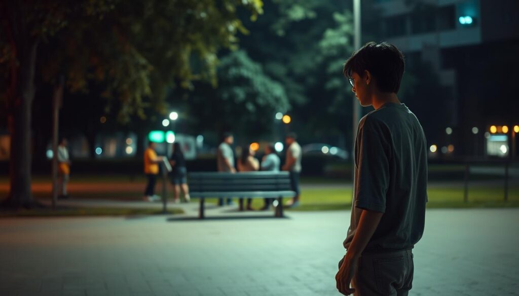 A solitary figure stands in a dimly lit urban park, embodying feelings of social anxiety. In the foreground, a person in modest casual clothing, with downcast eyes and a hesitant posture, looks at a group of people in the distance enjoying a vibrant conversation. The middle ground features a bench and trees, subtly representing a barrier between the individual and social interaction. The background displays soft, blurry lights from the surrounding city, evoking a sense of isolation amidst the lively atmosphere. The scene is captured with a Sony A7R IV at 70mm, using a polarized filter to enhance clarity and depth. The lighting is gentle, creating a somber yet contemplative mood, emphasizing the struggle with social fears while yearning for connection. A solitary figure stands in a dimly lit urban park, embodying feelings of social anxiety. In the foreground, a person in modest casual clothing, with downcast eyes and a hesitant posture, looks at a group of people in the distance enjoying a vibrant conversation. The middle ground features a bench and trees, subtly representing a barrier between the individual and social interaction. The background displays soft, blurry lights from the surrounding city, evoking a sense of isolation amidst the lively atmosphere. The scene is captured with a Sony A7R IV at 70mm, using a polarized filter to enhance clarity and depth. The lighting is gentle, creating a somber yet contemplative mood, emphasizing the struggle with social fears while yearning for connection.