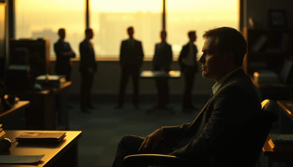 A somber office scene at dusk, focusing on a solitary figure seated at a desk, their expression contemplative and tense, dressed in a professional suit. The warm, fading light filters through a large window, casting long shadows that emphasize the isolation felt in silence. In the middle ground, a blurred group of coworkers can be seen, their body language aloof and disconnected, portraying the weight of unspoken truths. The background features a muted color palette, with office clutter hinting at the pressure of a toxic work environment. Shot on a Sony A7R IV at 70mm, clearly focused and sharply defined, using a polarized filter to enhance the mood of uncertainty and contemplation.