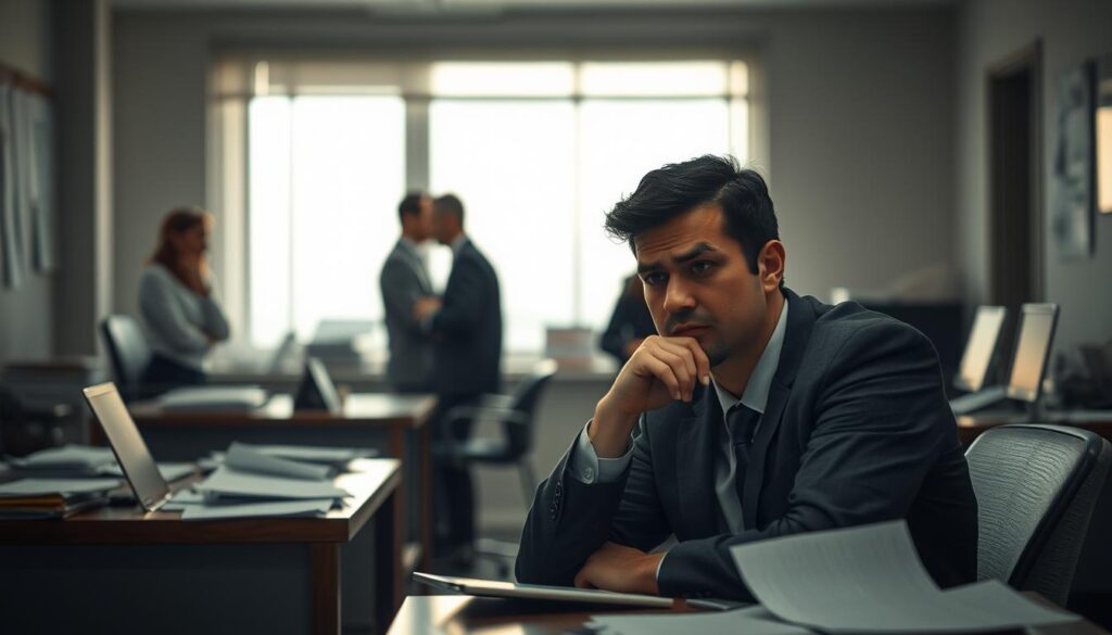 A somber office scene depicting the social impacts of a job termination. In the foreground, a thoughtfully composed individual in professional attire sits at a desk, surrounded by scattered paperwork and a laptop, their expression reflecting a mix of concern and contemplation. In the middle ground, other office workers engaged in hushed conversations, their body language conveying tension and sympathy. The background features a window with soft, diffused natural light filtering in, illuminating the space with a mellow glow, enhancing the atmosphere of contemplation and uncertainty. The image is sharply defined, shot with a Sony A7R IV at 70mm, utilizing a polarized filter to minimize glare and enhance the overall clarity, creating an intimate yet professional mood.