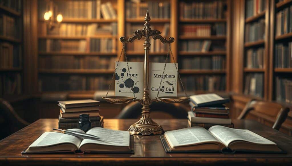 A sophisticated and visually engaging comparison of irony and other literary devices, featuring an elegant study scene. In the foreground, an antique wooden desk laden with open books, a quill, and ink, symbolizing classical literature. In the middle, a beautiful, ornate scale balancing two books: one labeled "Irony" and the other "Metaphor", surrounded by ink splatters representing various literary concepts. The background is softly blurred, with warm, inviting lighting highlighting shelves filled with classic literature. Shot on a Sony A7R IV with a 70mm lens, the image is sharply defined through a polarized filter, creating a thoughtful atmosphere that invites reflection on the nuances of literary style. A sophisticated and visually engaging comparison of irony and other literary devices, featuring an elegant study scene. In the foreground, an antique wooden desk laden with open books, a quill, and ink, symbolizing classical literature. In the middle, a beautiful, ornate scale balancing two books: one labeled "Irony" and the other "Metaphor", surrounded by ink splatters representing various literary concepts. The background is softly blurred, with warm, inviting lighting highlighting shelves filled with classic literature. Shot on a Sony A7R IV with a 70mm lens, the image is sharply defined through a polarized filter, creating a thoughtful atmosphere that invites reflection on the nuances of literary style.