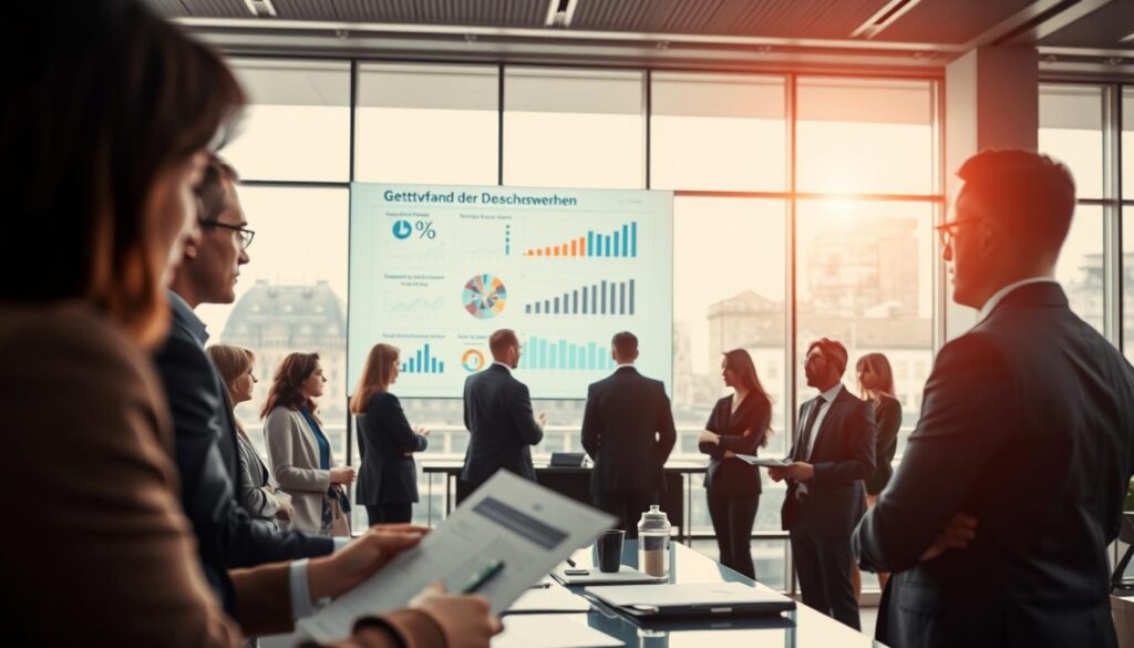 A sophisticated corporate setting illustrating the economic relevance of the Gesamtverband der Deutschen Versicherungswirtschaft (GDV). In the foreground, a diverse group of professionals in business attire, engaged in a discussion, reviewing charts and graphs reflecting growth trends in the insurance industry. In the middle ground, a large screen displays infographics depicting key statistics about the insurance market and its influence on the economy. The background shows a sleek, modern office environment with large windows letting in natural light, creating an open and bright atmosphere. The composition should be shot on a Sony A7R IV at 70mm, with clear focus and sharp definitions, utilizing a polarized filter to enhance colors and contrasts, conveying a sense of professionalism and seriousness in the financial landscape.