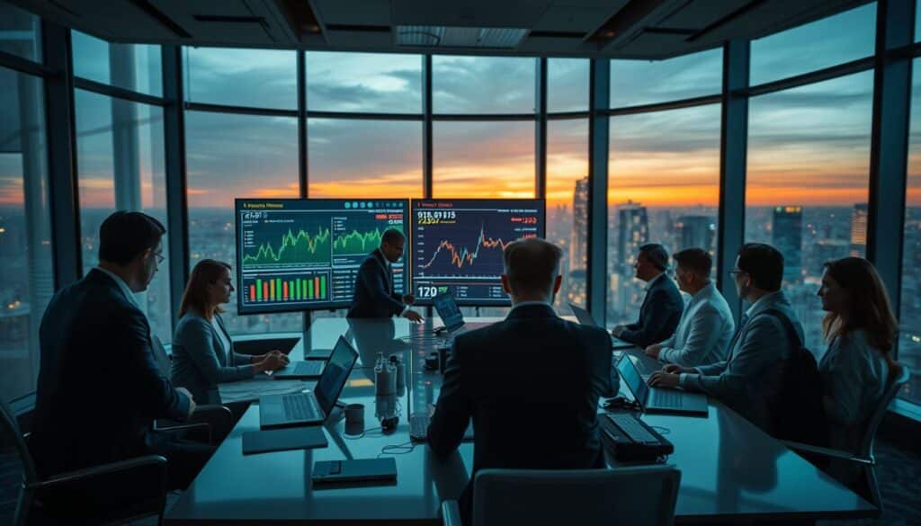 A sophisticated office setting showcasing the intricate process of securities settlement in transaction banks. In the foreground, a diverse group of professionals in business attire is engaged around a sleek conference table adorned with data charts and digital devices. The middle layer features a high-tech digital dashboard displaying market trends and transaction data, symbolizing financial activity. In the background, large windows reveal a cityscape, illuminated by twilight, casting a warm glow throughout the room. The scene is captured with a Sony A7R IV at 70mm, utilizing a polarized filter to enhance clarity and detail. The atmosphere is dynamic yet focused, illustrating the pivotal role of transaction banks in the financial system, emphasizing precision and professionalism. A sophisticated office setting showcasing the intricate process of securities settlement in transaction banks. In the foreground, a diverse group of professionals in business attire is engaged around a sleek conference table adorned with data charts and digital devices. The middle layer features a high-tech digital dashboard displaying market trends and transaction data, symbolizing financial activity. In the background, large windows reveal a cityscape, illuminated by twilight, casting a warm glow throughout the room. The scene is captured with a Sony A7R IV at 70mm, utilizing a polarized filter to enhance clarity and detail. The atmosphere is dynamic yet focused, illustrating the pivotal role of transaction banks in the financial system, emphasizing precision and professionalism.