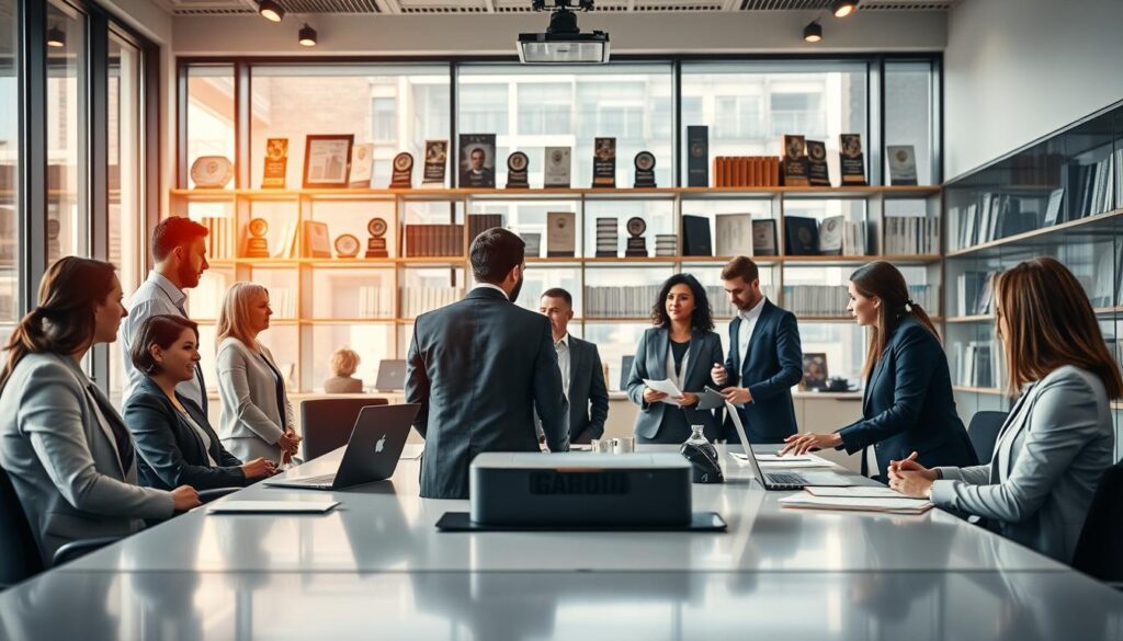 A spacious, modern office environment depicting the administration of a GmbH. In the foreground, a diverse group of professionals, dressed in sharp business attire, are engaged in a collaborative discussion around a sleek conference table, with laptops, documents, and a digital projector in view. The middle ground features a large glass window allowing natural light to flood the space, highlighting the contemporary decor and technology. In the background, shelves filled with business books and awards create a sense of achievement and professionalism. The image is sharply focused and clearly defined, capturing the vibrant atmosphere of teamwork and organization. Shot with a Sony A7R IV at 70mm, using a polarized filter to enhance reflections and colors, evoking a productive and inspiring mood.