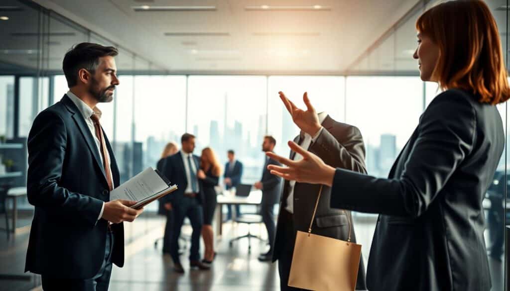 A split composition illustrating "Management vs. Führung." In the foreground, two business professionals in smart attire are engaged in a discussion, one representing management with a clipboard and strategy documents, the other embodying leadership, using a gesture to inspire and connect with a team. In the middle ground, a sleek, modern office environment with glass walls showcases a diverse workforce collaborating, highlighting collaboration and innovation. In the background, a skyline view suggests ambition and growth. Soft, natural lighting filters through the office windows, creating a warm and inviting atmosphere. The image should be sharply defined, shot with a Sony A7R IV at 70mm, with a polarized filter to enhance clarity and focus, capturing the essence of business dynamics and the subtle differences between management and leadership.