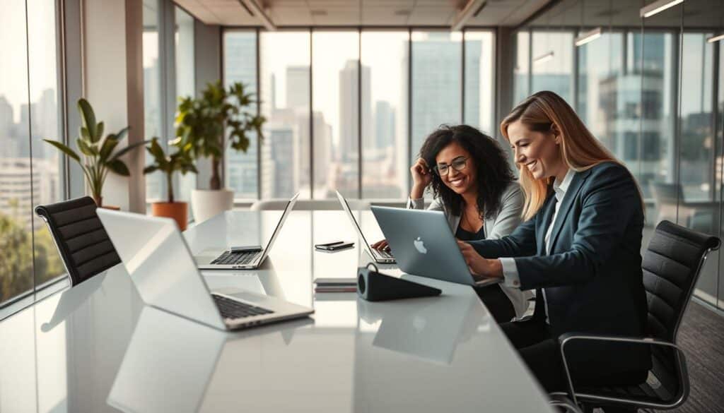 A split image depicting "Jobsplitting," with one side showcasing two professionals working collaboratively at a sleek, modern office desk, each using laptops and discussing strategies. They are in professional business attire, with expressions of focus and excitement. The foreground emphasizes their interaction, utilizing a shallow depth of field to keep the individuals sharply defined. In the middle, soft lighting illuminates a stylish office space featuring glass walls and greenery, conveying a sense of openness and innovation. The background reveals a vibrant cityscape through the large windows, suggesting an urban work environment. Shot on a Sony A7R IV 70mm lens, with a polarized filter for enhanced clarity and color vibrancy, the overall mood is one of collaboration and forward-thinking within the concept of jobsharing. A split image depicting "Jobsplitting," with one side showcasing two professionals working collaboratively at a sleek, modern office desk, each using laptops and discussing strategies. They are in professional business attire, with expressions of focus and excitement. The foreground emphasizes their interaction, utilizing a shallow depth of field to keep the individuals sharply defined. In the middle, soft lighting illuminates a stylish office space featuring glass walls and greenery, conveying a sense of openness and innovation. The background reveals a vibrant cityscape through the large windows, suggesting an urban work environment. Shot on a Sony A7R IV 70mm lens, with a polarized filter for enhanced clarity and color vibrancy, the overall mood is one of collaboration and forward-thinking within the concept of jobsharing.