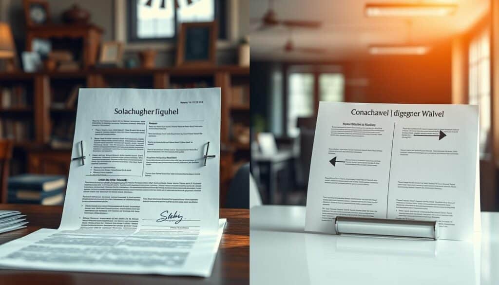 A split image illustrating the differences between a Solawechsel and a gezogener Wechsel. On the left side, a well-structured Solawechsel depicted as a formal document with clear headers, neat sections, and a signature in blue ink, set against a soft-focus background of an old office with wooden furnishings, giving a classical atmosphere. On the right side, a gezogener Wechsel represented as a more dynamic document with arrows indicating directionality, set against a modern office backdrop with sleek surfaces and digital elements. The lighting is warm and inviting, highlighting the details on the documents. The image captures a professional tone, showcasing the contrast between traditional and modern financial instruments, shot with a Sony A7R IV at 70mm for sharp focus and clarity, using a polarized filter for enhanced color vibrancy.