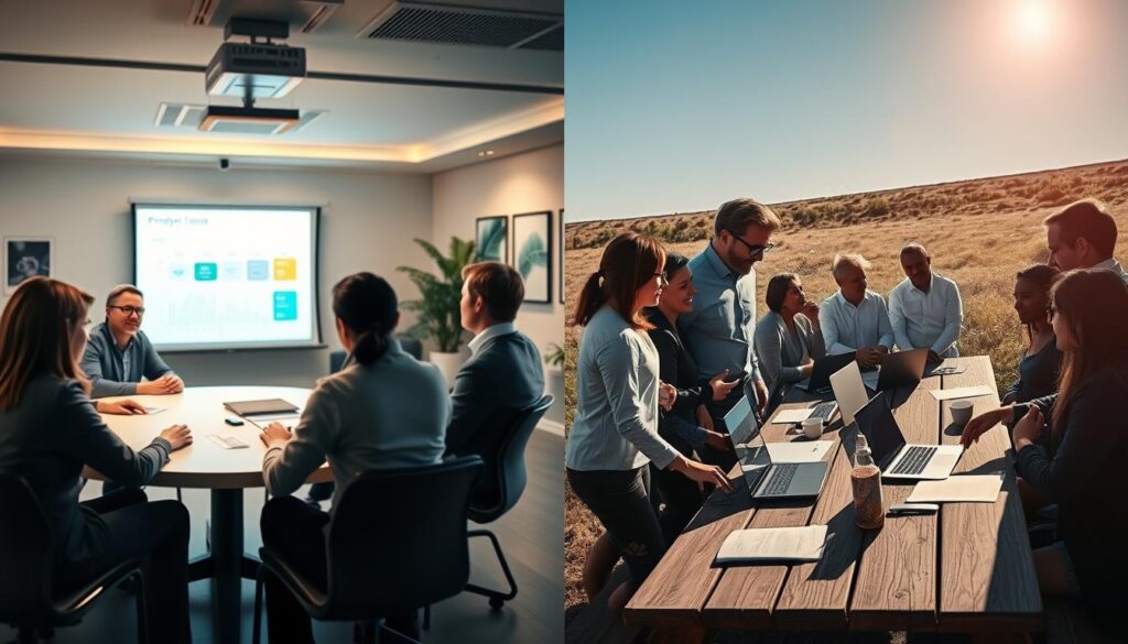 A split scene depicting the differences between internal and external kick-off meetings. On the left, an internal meeting in a modern office setting with a round table, diverse professionals in business attire engaged in discussion, a projector displaying a project timeline. Bright, warm lighting creates a collaborative atmosphere. On the right, an external meeting in a well-lit, open outdoor space, featuring a team of professionals in casual yet smart clothing, discussing with enthusiasm, laptops and documents spread out on a picnic table under a clear blue sky. Use a Sony A7R IV 70mm lens for sharp focus and detail, employing a polarized filter to enhance colors and contrast. The overall mood should be energetic, highlighting collaboration and engagement in both settings. A split scene depicting the differences between internal and external kick-off meetings. On the left, an internal meeting in a modern office setting with a round table, diverse professionals in business attire engaged in discussion, a projector displaying a project timeline. Bright, warm lighting creates a collaborative atmosphere. On the right, an external meeting in a well-lit, open outdoor space, featuring a team of professionals in casual yet smart clothing, discussing with enthusiasm, laptops and documents spread out on a picnic table under a clear blue sky. Use a Sony A7R IV 70mm lens for sharp focus and detail, employing a polarized filter to enhance colors and contrast. The overall mood should be energetic, highlighting collaboration and engagement in both settings.