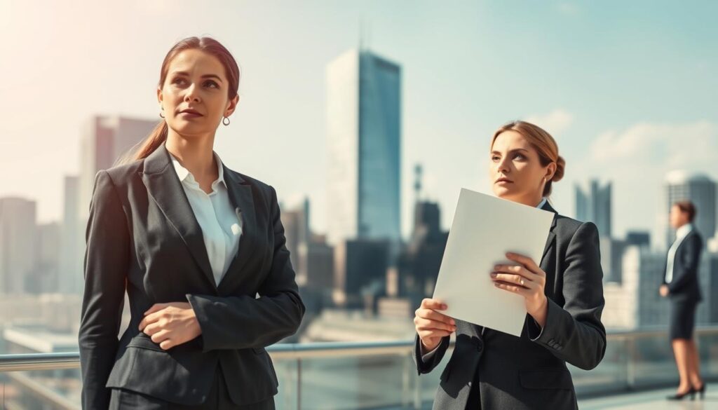 A split scene illustrating the concept of "Liability of Legal Entities vs. Natural Persons". In the foreground, a professional businesswoman in a neatly tailored suit stands confidently with a thoughtful expression, holding a legal document, representing natural persons. In the middle, an abstract representation of a corporate building or a group of diverse professionals in business attire, depicting legal entities. The background features a skyline of a modern city, symbolizing the corporate world. The lighting is bright and natural, enhancing the clarity of details, with a soft focus on the background for depth. Shot on Sony A7R IV at 70mm, using a polarized filter to create a vivid, professional atmosphere that conveys a serious tone for the subject. A split scene illustrating the concept of "Liability of Legal Entities vs. Natural Persons". In the foreground, a professional businesswoman in a neatly tailored suit stands confidently with a thoughtful expression, holding a legal document, representing natural persons. In the middle, an abstract representation of a corporate building or a group of diverse professionals in business attire, depicting legal entities. The background features a skyline of a modern city, symbolizing the corporate world. The lighting is bright and natural, enhancing the clarity of details, with a soft focus on the background for depth. Shot on Sony A7R IV at 70mm, using a polarized filter to create a vivid, professional atmosphere that conveys a serious tone for the subject.