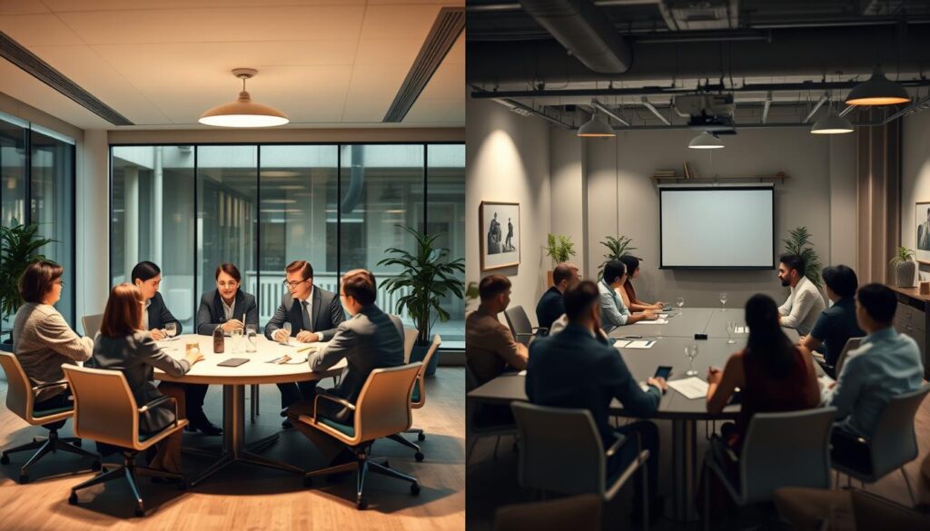A split scene illustrating the differences between a Jour fixe and a meeting in a corporate environment. On the left side, a group of professionals in business attire gathered around a round table, engaged in open discussion, with a calm and focused atmosphere; soft overhead lighting enhances the professional mood. On the right side, a more formal meeting setup with a projector, seated people taking notes in a rectangular formation, conveying a structured and serious tone. The background should feature modern office decor with plants and art. Shot with a Sony A7R IV at 70mm, ensuring clear focus and sharp definition, with a polarized filter to enhance colors and reflections. A split scene illustrating the differences between a Jour fixe and a meeting in a corporate environment. On the left side, a group of professionals in business attire gathered around a round table, engaged in open discussion, with a calm and focused atmosphere; soft overhead lighting enhances the professional mood. On the right side, a more formal meeting setup with a projector, seated people taking notes in a rectangular formation, conveying a structured and serious tone. The background should feature modern office decor with plants and art. Shot with a Sony A7R IV at 70mm, ensuring clear focus and sharp definition, with a polarized filter to enhance colors and reflections.