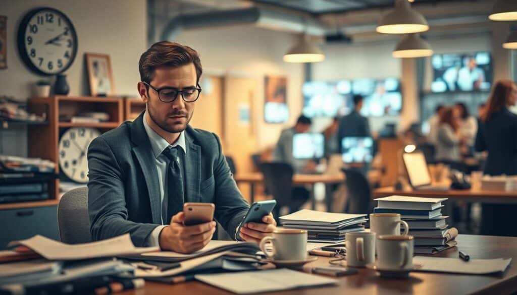A split scene illustrating the main causes of concentration difficulties. In the foreground, a focused individual in professional business attire, looking stressed while working at a cluttered desk with scattered documents, empty coffee cups, and a buzzing smartphone. In the middle ground, elements symbolizing distractions: a clock showing late hours, an overflowing inbox, and bright screens displaying social media. In the background, a soft-focus depiction of a chaotic office environment with blurred colleagues talking, highlighting the noise and distractions prevalent in workplaces. Soft, natural lighting illuminates the scene with a warm, slightly anxious atmosphere, captured with a Sony A7R IV at 70mm to ensure sharp detail and a slight depth of field effect.