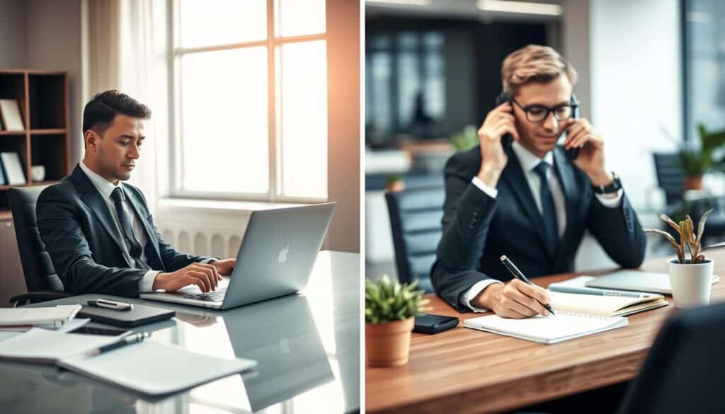 A split-scene image comparing email inquiries and phone inquiries, depicted in a modern office setting. On the left, a well-dressed professional, seated at a sleek desk with a laptop open, is writing an email, surrounded by stationery, and soft natural light from a window. The right side showcases another professional, also in business attire, speaking on the phone, with a notepad and pen for notes, while a desk plant adds a touch of color. The background blends soft corporate colors with a blurred office environment, capturing a dynamic yet focused atmosphere. The image should evoke a sense of professionalism and clarity, shot on a Sony A7R IV at 70mm, with crisp focus and a polarized filter for enhanced vibrancy. A split-scene image comparing email inquiries and phone inquiries, depicted in a modern office setting. On the left, a well-dressed professional, seated at a sleek desk with a laptop open, is writing an email, surrounded by stationery, and soft natural light from a window. The right side showcases another professional, also in business attire, speaking on the phone, with a notepad and pen for notes, while a desk plant adds a touch of color. The background blends soft corporate colors with a blurred office environment, capturing a dynamic yet focused atmosphere. The image should evoke a sense of professionalism and clarity, shot on a Sony A7R IV at 70mm, with crisp focus and a polarized filter for enhanced vibrancy.