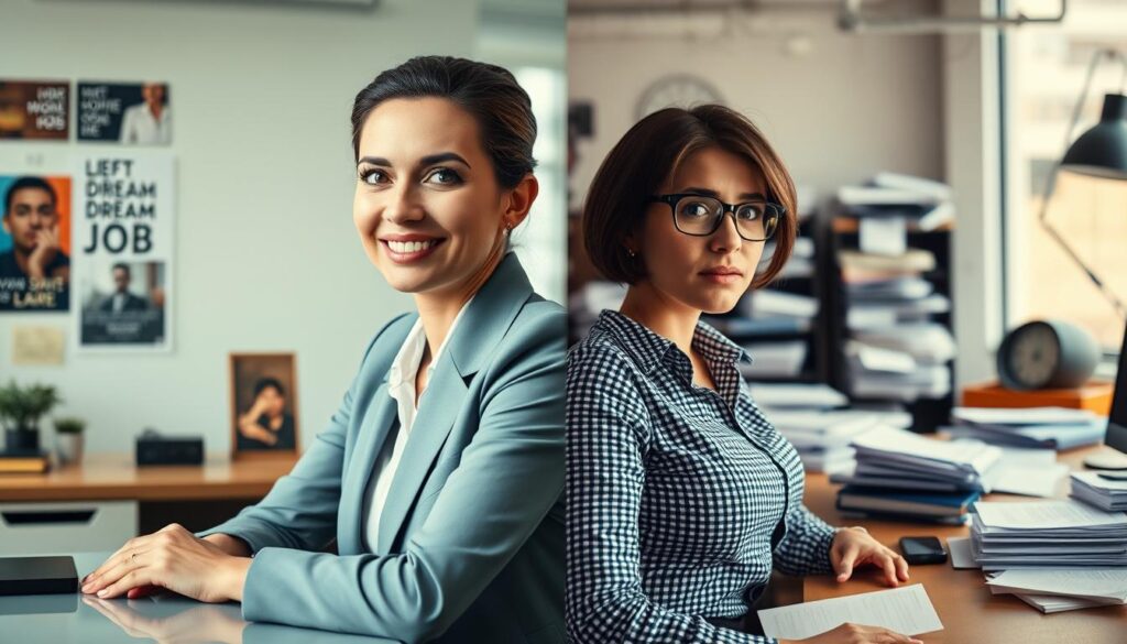 A split-screen composition depicting the theme "Expectations vs. Reality in Job Change." In the foreground, on the left, a confident professional woman in business attire sits at a desk, gleaming with optimism, surrounded by motivational quotes and dream job images. The right side shows her looking surprised and contemplative, facing a cluttered desk with overwhelming paperwork and a stressed expression. In the middle, a subtle transition between the two realities helps illustrate the contrast. The background features a bright office environment on the left, while the right showcases a dimmer space with chaotic elements. The lighting is bright on the expectation side, softening to cooler tones on the reality side. Shot on a Sony A7R IV with a 70mm lens, creating a clearly focused image with sharp details, enhanced by a polarized filter for vivid colors. The mood conveys a mix of hope and uncertainty. A split-screen composition depicting the theme "Expectations vs. Reality in Job Change." In the foreground, on the left, a confident professional woman in business attire sits at a desk, gleaming with optimism, surrounded by motivational quotes and dream job images. The right side shows her looking surprised and contemplative, facing a cluttered desk with overwhelming paperwork and a stressed expression. In the middle, a subtle transition between the two realities helps illustrate the contrast. The background features a bright office environment on the left, while the right showcases a dimmer space with chaotic elements. The lighting is bright on the expectation side, softening to cooler tones on the reality side. Shot on a Sony A7R IV with a 70mm lens, creating a clearly focused image with sharp details, enhanced by a polarized filter for vivid colors. The mood conveys a mix of hope and uncertainty.
