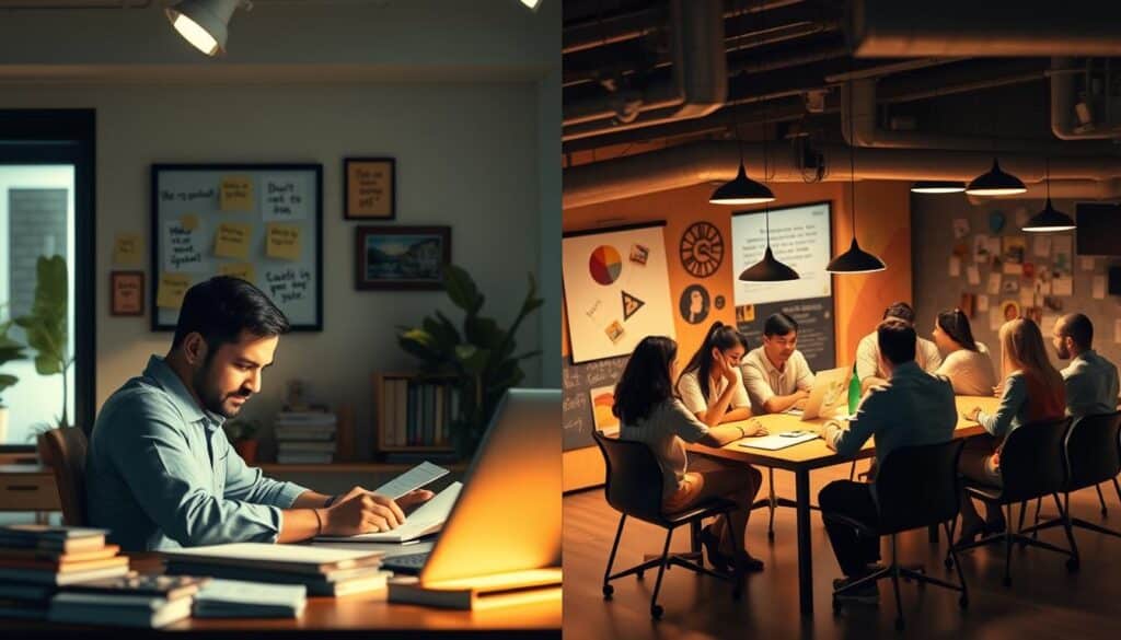 A split-screen illustration representing internal and external factors of motivation. On the left, depict an individual in a modern office, focused on a task, surrounded by motivational quotes on sticky notes, books on self-improvement, and a vision board, emphasizing inner motivation. The lighting is warm and inviting, capturing a sense of personal drive. On the right, show a collaborative team meeting, with colleagues brainstorming around a table, engaging with each other and sharing ideas, highlighting external influences. The atmosphere is dynamic and inspiring, with bright, clear lighting. The image should be shot with a Sony A7R IV at 70mm, ensuring a clear focus and sharp definition, enhanced by a polarized filter for vivid colors and detail.