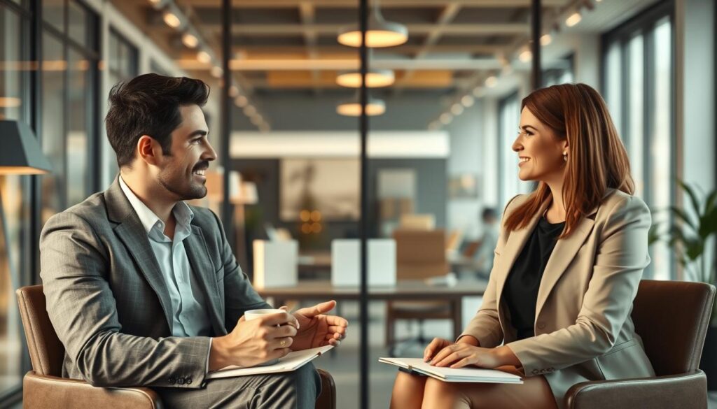 A split-screen image contrasting a Kennenlerngespräch (get-to-know conversation) and a Vorstellungsgespräch (job interview). In the foreground, a professional man and woman are engaged in a friendly discussion, both wearing polished business attire, seated in a modern office with warm, inviting lighting. The middle features elements like a casual coffee cup and notepad on one side, representing the informal nature of the Kennenlerngespräch, while a formal interview setup with a resume and a laptop is shown on the other side. The background depicts a stylish office environment, with large windows allowing natural light to flood the space. The image should be sharply defined, captured with a Sony A7R IV at 70mm, using a polarized filter to enhance clarity and color depth, creating a professional yet approachable atmosphere. A split-screen image contrasting a Kennenlerngespräch (get-to-know conversation) and a Vorstellungsgespräch (job interview). In the foreground, a professional man and woman are engaged in a friendly discussion, both wearing polished business attire, seated in a modern office with warm, inviting lighting. The middle features elements like a casual coffee cup and notepad on one side, representing the informal nature of the Kennenlerngespräch, while a formal interview setup with a resume and a laptop is shown on the other side. The background depicts a stylish office environment, with large windows allowing natural light to flood the space. The image should be sharply defined, captured with a Sony A7R IV at 70mm, using a polarized filter to enhance clarity and color depth, creating a professional yet approachable atmosphere.
