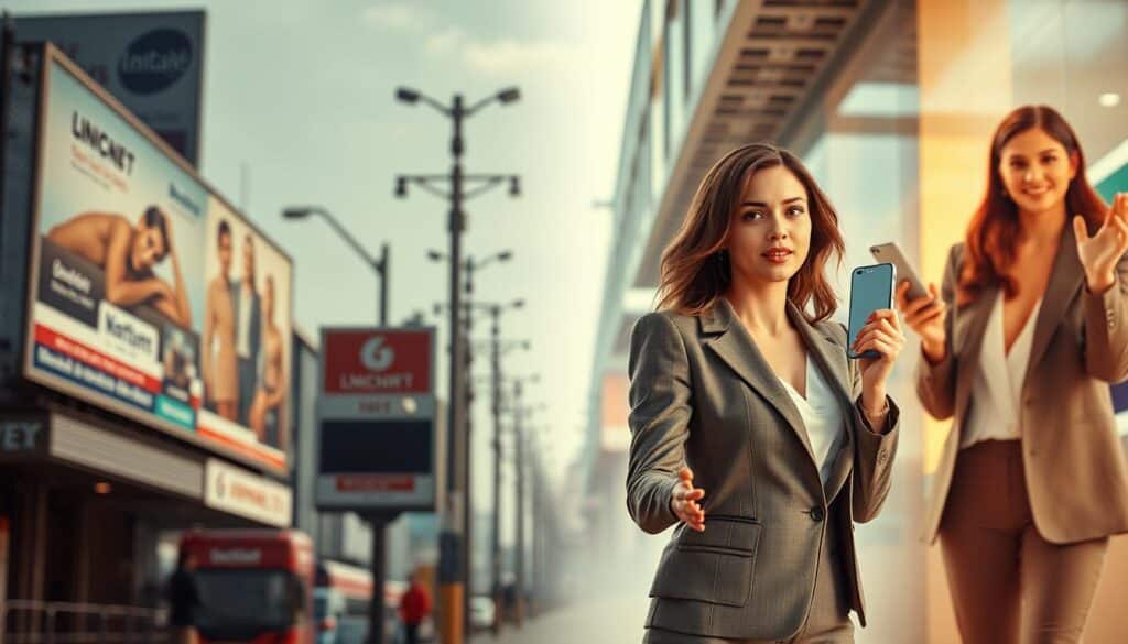 A split-screen image showcasing the change in advertising influenced by social media. On the left, traditional advertising techniques such as billboards and print media, portrayed in a slightly faded, nostalgic style. On the right, vibrant and modern social media platforms displaying influencers in professional business attire confidently presenting products to their audiences. The middle ground includes a subtle overlap where traditional and digital methods intersect, illustrating the evolving landscape of marketing. The lighting is bright and engaging, emphasizing innovation. Shot on a Sony A7R IV at 70mm for a sharply defined focus with a polarized filter, capturing the mood of transformation and synergy between old and new advertising methods.