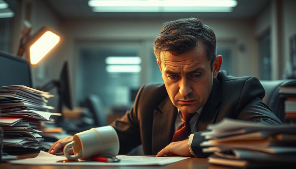 A stressed business professional sits at a cluttered desk, surrounded by stacks of paperwork and a flickering computer screen, conveying the weight of overwhelming responsibilities. In the foreground, the individual’s face shows signs of anxiety and fatigue, with furrowed brows and weary eyes, dressed in a crisp suit, symbolizing the professional environment. The middle ground features a coffee mug spilling over, emphasizing the chaos, alongside a flickering fluorescent light that casts shadows, enhancing the tense atmosphere. The background displays a blurred office setting with closed doors and muted colors, suggesting isolation. The scene is shot with a Sony A7R IV at 70mm, utilizing a polarized filter for clarity, creating a focused image with sharp details, evoking a somber yet impactful mood reflecting burnout and professional stress.