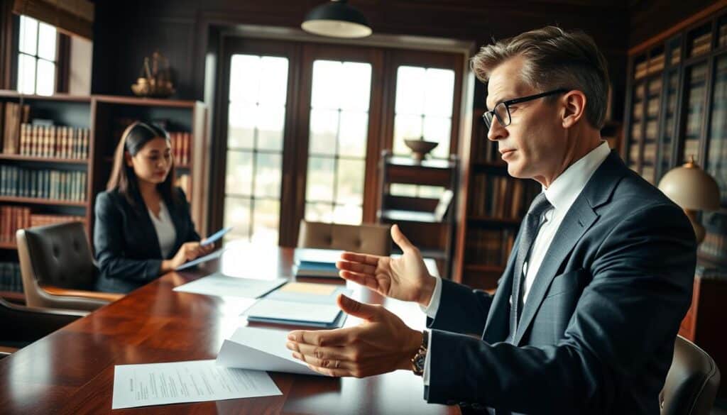 A stylish office environment featuring a discreet group of business professionals engaged in a consultation. In the foreground, a middle-aged Caucasian man in a sharp suit speaks confidently, gesturing towards financial documents laid out on a polished wooden conference table. To the left, a young woman of Asian descent, dressed in business attire, listens attentively, taking notes. In the background, an elegant bookshelf filled with legal and finance books suggests a scholarly atmosphere. Soft natural light streams through large windows, casting gentle shadows and highlighting the details of their expressions. The image captures a sense of collaboration and professionalism, emphasizing the nuanced relationship between hidden partnerships and financial investments. Shot on a Sony A7R IV, 70mm, clearly focused, sharply defined, using a polarized filter for clarity and contrast.